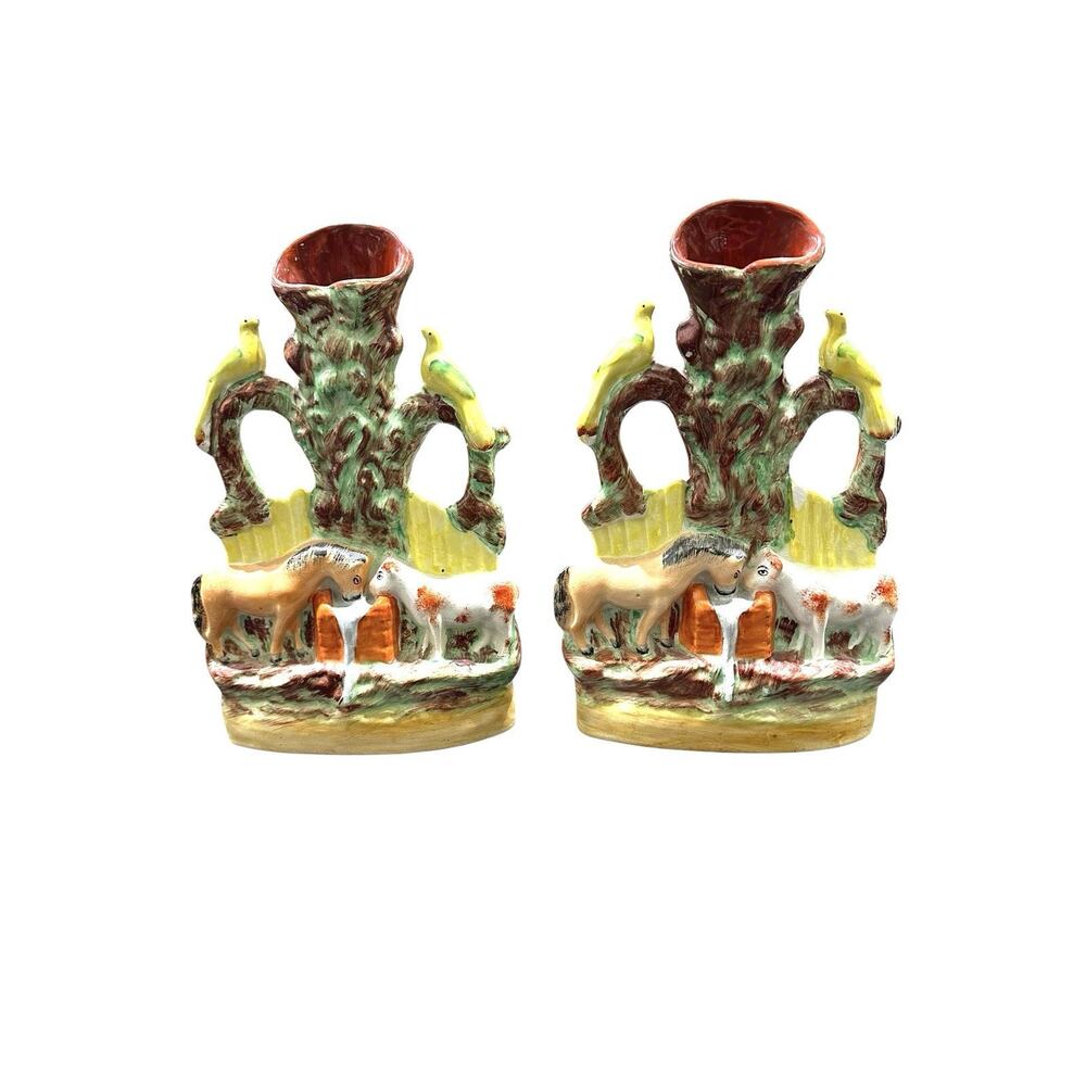 Pair ANTIQUE STAFFORDSHIRE GOOD COMPANIONS SPILL VASES c. 1860 EUC Made In Uk